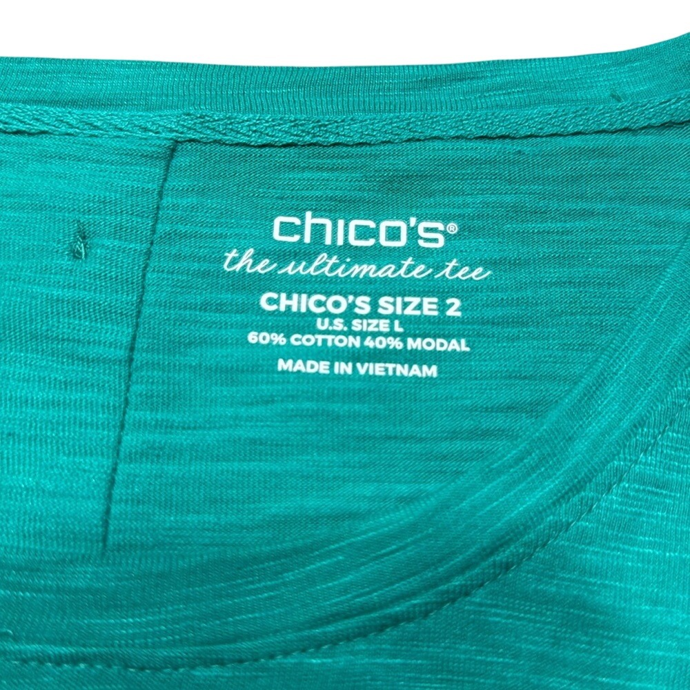 Chicos The Ultimate Tee Teal Green Button Back 3/4 Sleeve Top Size 2 L Large - Picture 6 of 6